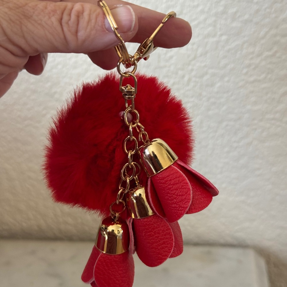 Red Faux Fur Pom Pom Keychain Gold with Rose Tassel Bag Charm New